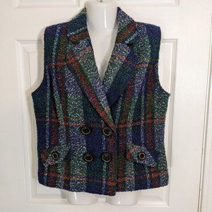 Cabi Wool Blend Blue Green Red Tweed Tartan Plaid Button Details Vest - size M